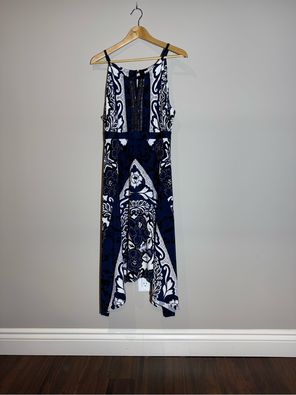 cleo Navy and White Handkerchief Hem Midi Dress